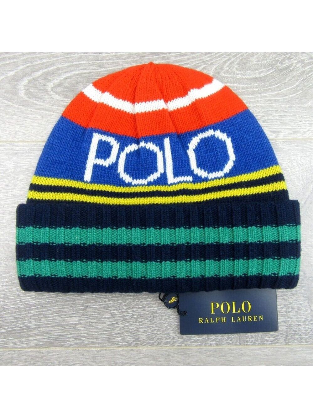 Polo Ralph Lauren Logo Striped Wool-Blend Beanie One Size Multi Color NEW - Picture 2 of 10
